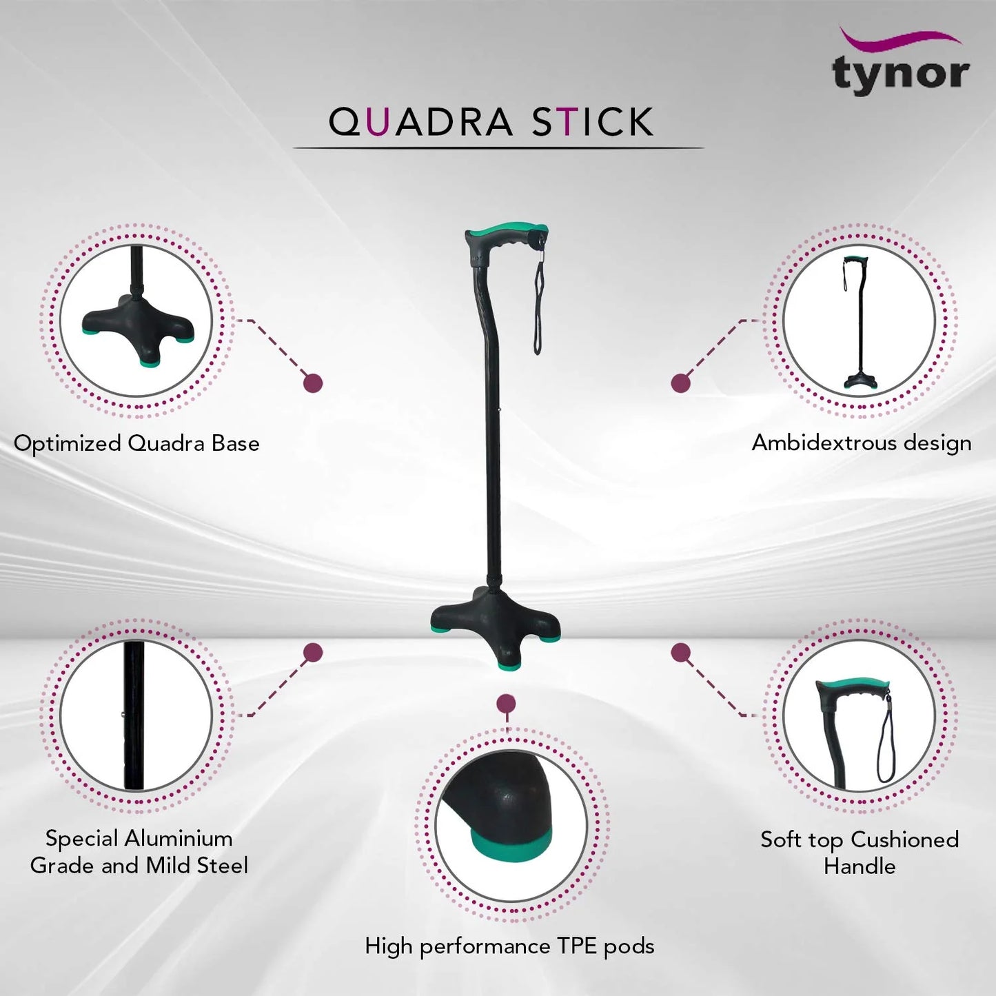 Tynor Canne Quadra L36 – Walking Stick Soft Top Handle avec Base Moulée