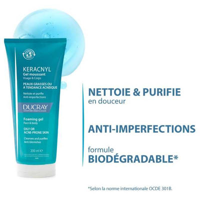 Ducray Keracnyl Gel Nettoyant 200ml – Purifiant Peaux Grasses & Acnéiques